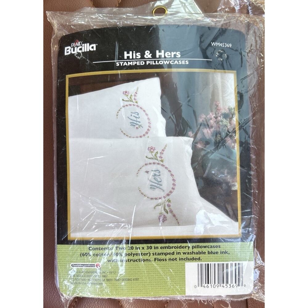2012 Bucilla His & Hers Stamped Pillowcases‎ White Embroidery WM45369 Floral NEW